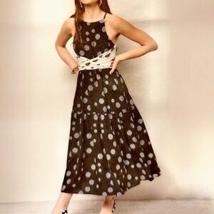 COREY LYNN CALTER Matilda Waist Tie Halter Midi Dress Black & White Polka Dot